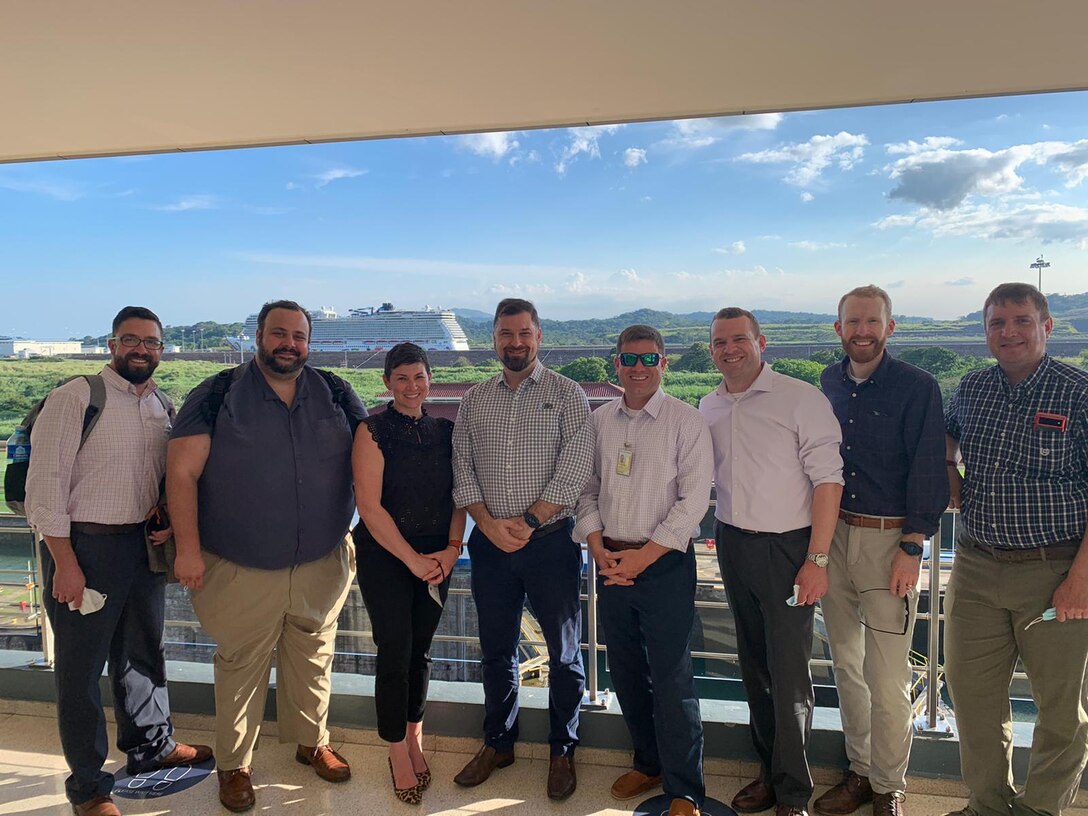 Pictured from left to right: David Bogema, Bailey Crane, Gabriela Lyvers, Calvin Creech, Adriel McConnell, Josh Melliger, Walker Messer, Nick Beckmann on site at the Miraflores Locks, Panama Canal, Apr. 2022.  (