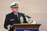 NOSSA Commanding Officer Capt. David Blauser addresses the audience after relieving Capt. Eric Bray, Apr. 15, at the Velocity Center in Indian Head, Maryland.