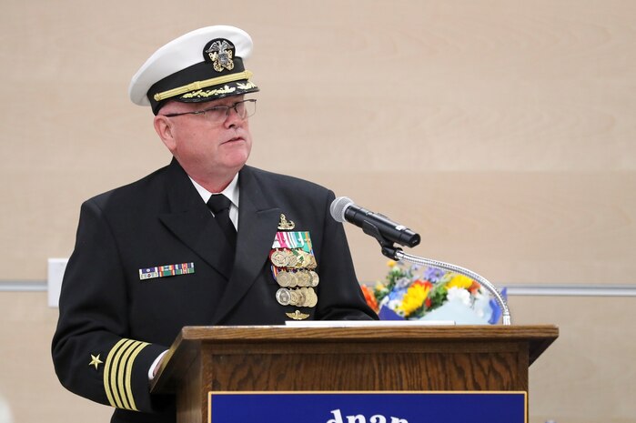 NOSSA Commanding Officer Capt. David Blauser addresses the audience after relieving Capt. Eric Bray, Apr. 15, at the Velocity Center in Indian Head, Maryland.