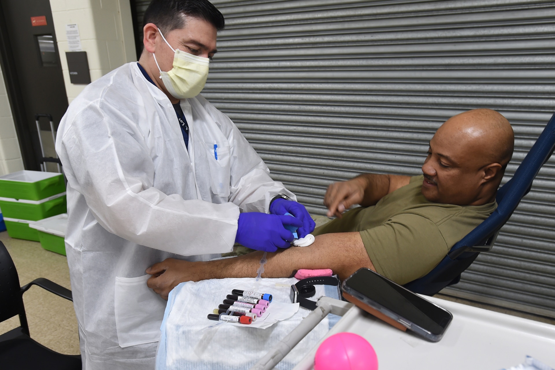 Sgt.1st Class Lonnie Cavitt, G3 Operations Sergeant, 85th Army Reserve Support Command, donates blood during an Armed Services Blood Program event.