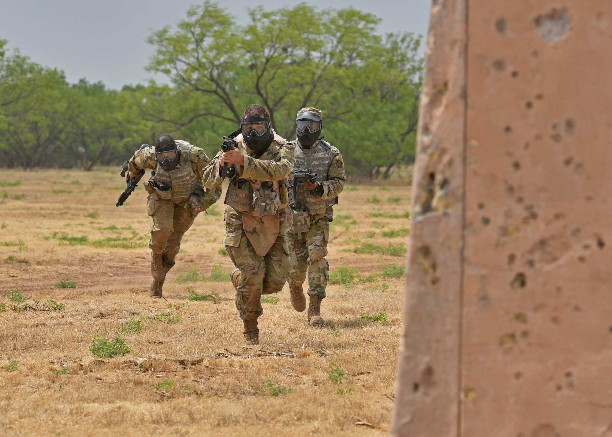 Angelo State University Air Force Reserve Officers’ Training Corps cadets advance during a field training exercise at Goodfellow Air Force Base, Texas, April 22, 2022. The FTX is an annual event designed to build the cadets leadership and combat readiness abilities. (U.S. Air Force photo by Senior Airman Ashley Thrash)