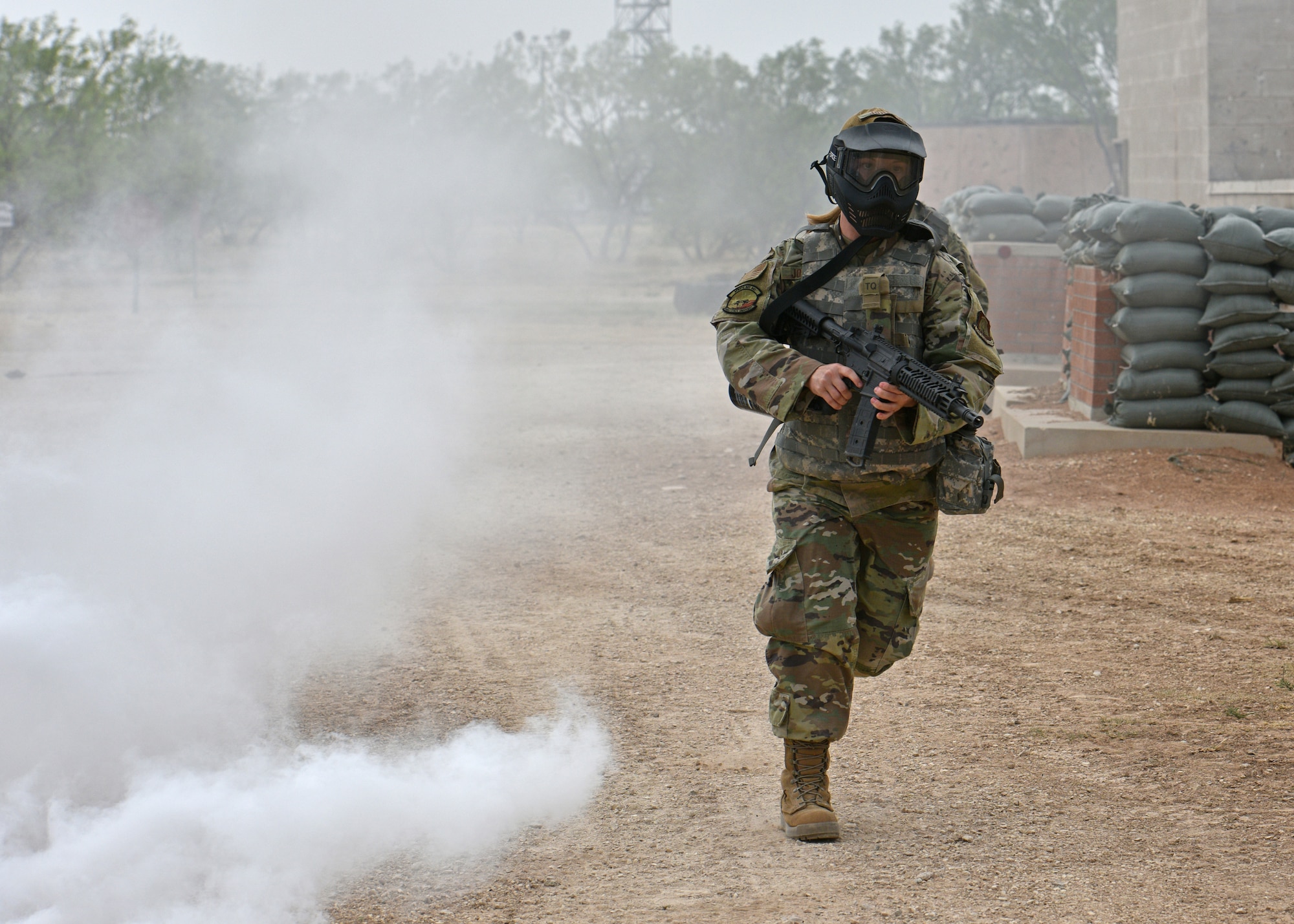 An Angelo State University Air Force Reserve Officers’ Training Corps cadet runs to cover during a field training exercise at Goodfellow Air Force Base, Texas, April 22, 2022. The FTX teaches crucial skills for the cadets to become effective future Air Force leaders. (U.S. Air Force photo by Senior Airman Ashley Thrash)