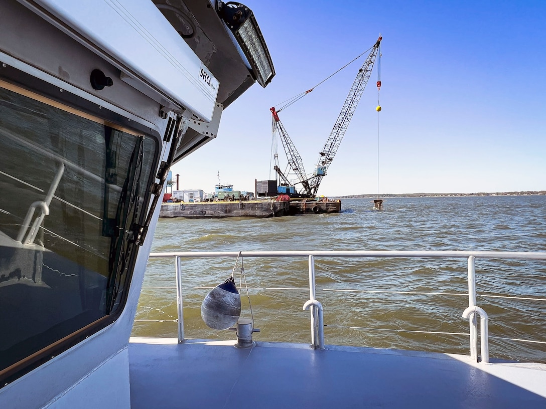 The U.S. Army Corps of Engineers, Baltimore District's CATLETT scans the Craighill Channel for sediment deposits during a hydrographic survey near Annapolis, Md., April 20, 2022. The District searched for potential adverse navigational impacts within the federal channel due to the recent refloating efforts of the box ship EVER FORWARD, which suffered a grounding incident in the Chesapeake Bay, March 13, 2022. (U.S. Army photo by Greg Nash)