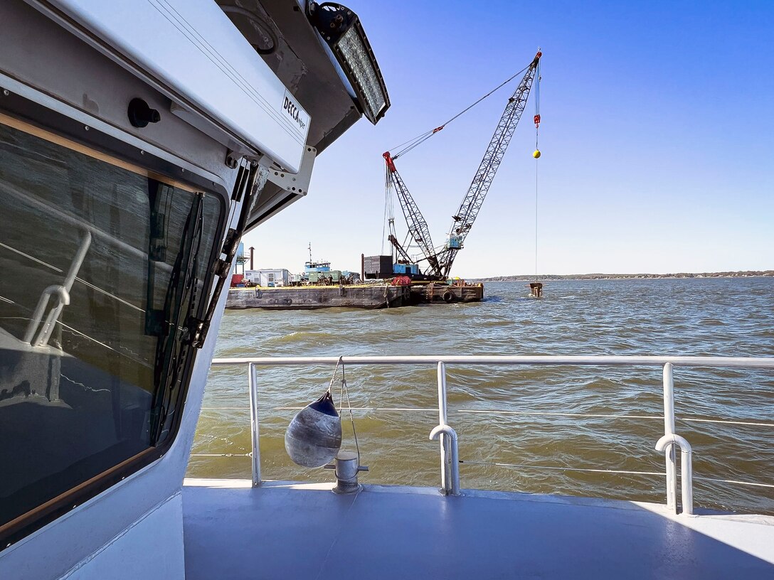 The U.S. Army Corps of Engineers, Baltimore District's CATLETT scans the Craighill Channel for sediment deposits during a hydrographic survey near Annapolis, Md., April 20, 2022. The District searched for potential adverse navigational impacts within the federal channel due to the recent refloating efforts of the box ship EVER FORWARD, which suffered a grounding incident in the Chesapeake Bay, March 13, 2022. (U.S. Army photo by Greg Nash)