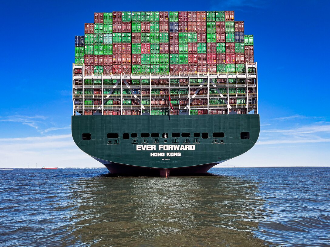 The Taiwanese vessel operator Evergreen’s box ship EVER FORWARD sits grounded in the Chesapeake Bay outside the Craighill Channel near Annapolis, Md., April 20, 2022. Following underwater inspections at nearby anchorage, EVER FORWARD most recently returned to the Port of Baltimore to reload the cargo that had been discharged and then will continue on its previously scheduled voyage, which begins at Norfolk, Va. (U.S. Army photo by Greg Nash)