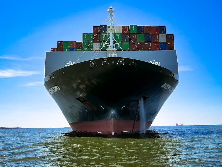 The Taiwanese vessel operator Evergreen’s box ship EVER FORWARD sits grounded in the Chesapeake Bay outside the Craighill Channel near Annapolis, Md., April 20, 2022. The U.S. Army Corps of Engineers, Baltimore District, manages the federal channel and performs periodic and emergent hydrographic surveys that enhance navigational safety, regional economics, environmental protection, and Homeland Security and Law enforcement procedures. (U.S. Army photo by Greg Nash)