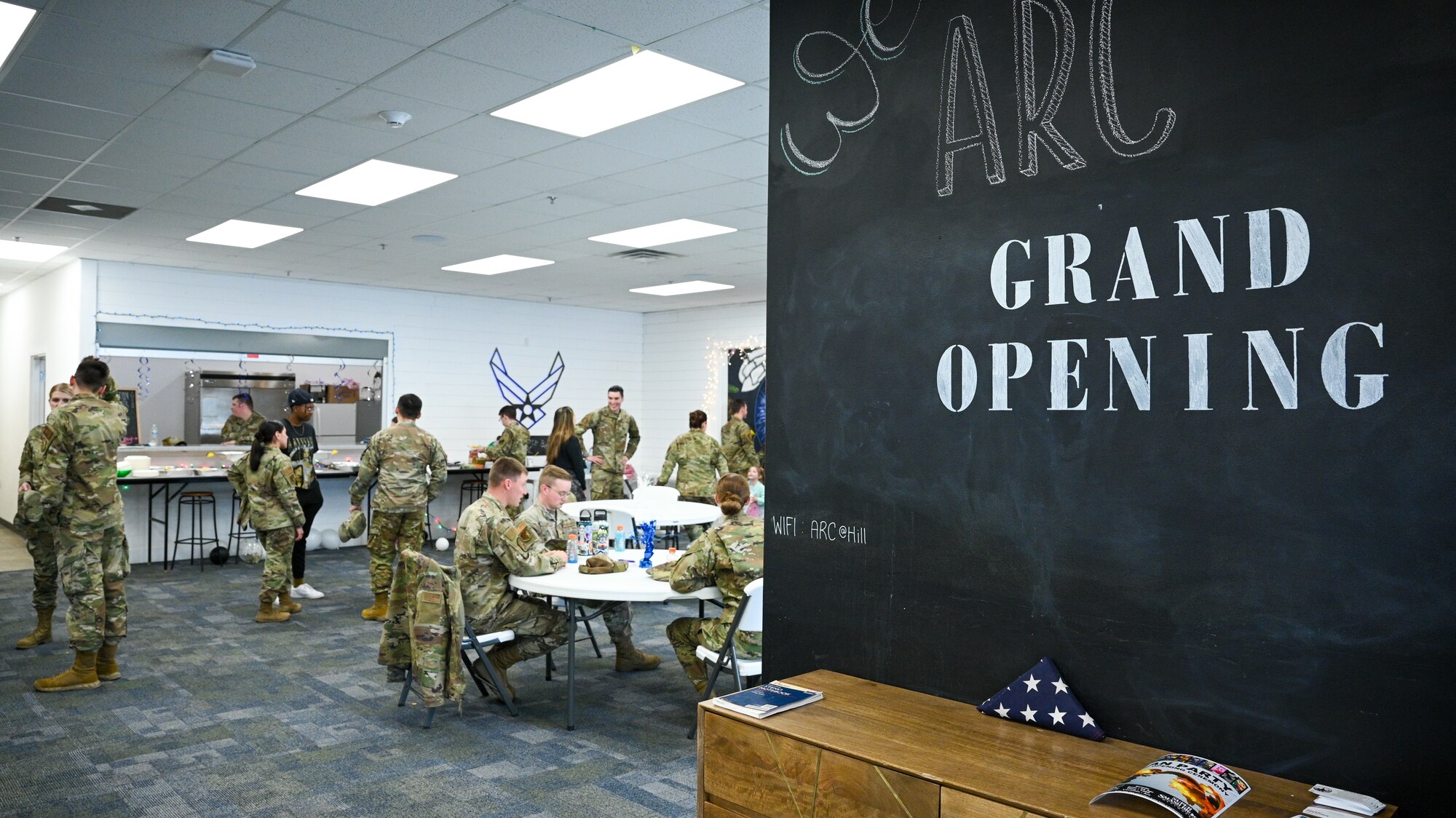 Airmen gather during a grand opening of the Airman Recreation Center at Hill Air Force Base,