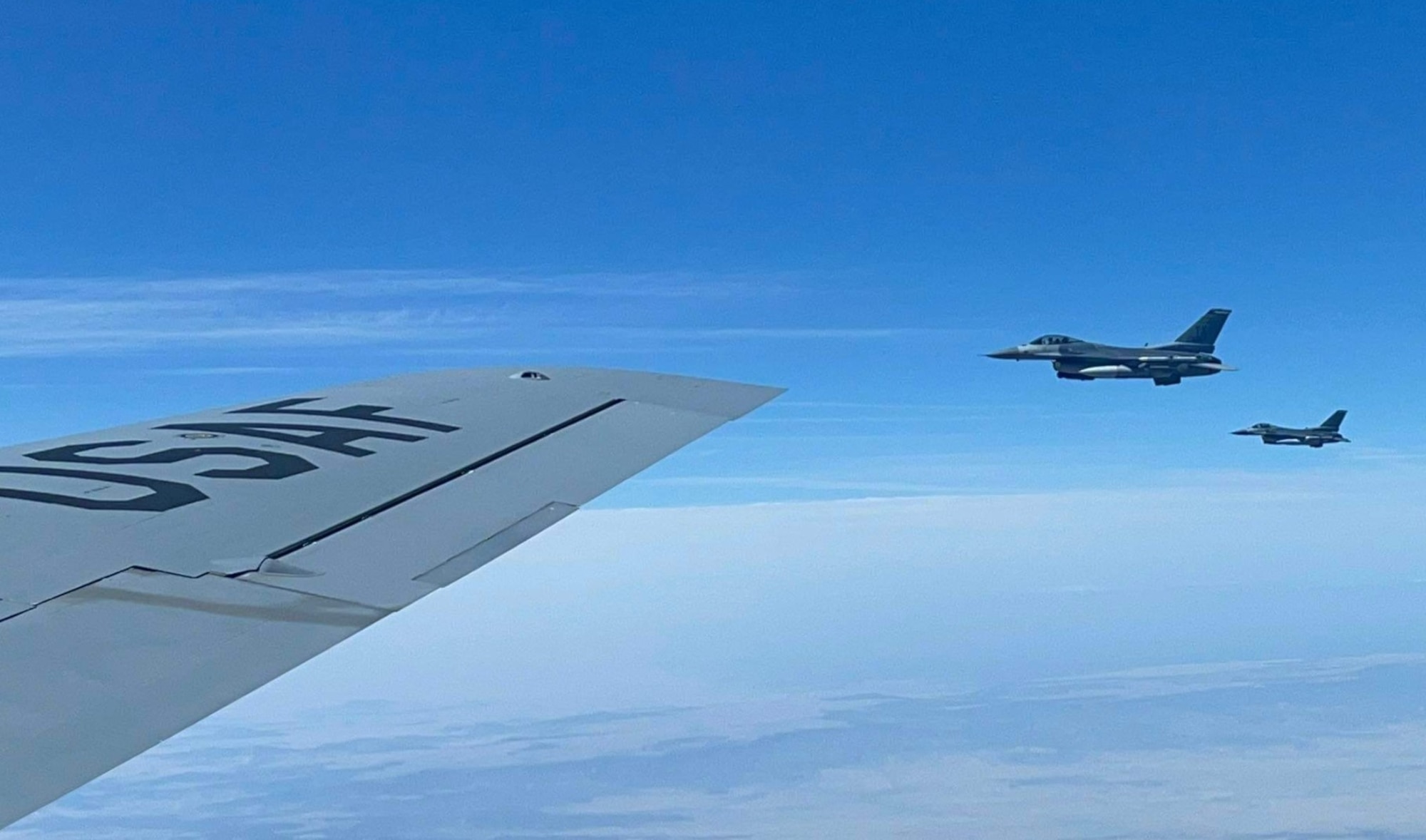 Two F-16 Fighting Falcon aircraft from the 301st Fighter Wing’s 457th Fighter Squadron, Naval Air Station Joint Reserve Base Fort Worth, Texas, fly towards the U.S. Air Force Academy, Colorado Springs, Colo., to honor the legacy of William “Bill” Aaron Gauntt (U.S. Air Force, Lt. Col., ret.), Monday, April 18. Gauntt was a POW who earned numerous accolades, to include three Distinguished Flying Crosses, the Bronze Star with a V for Valor, two Purple Hearts, four Meritorious Service Medals, nine Air Medals, two Air Force Commendation Medals, the POW Medal, the National Defense Medal and the Vietnam Service Medal. (Courtesy Photo)