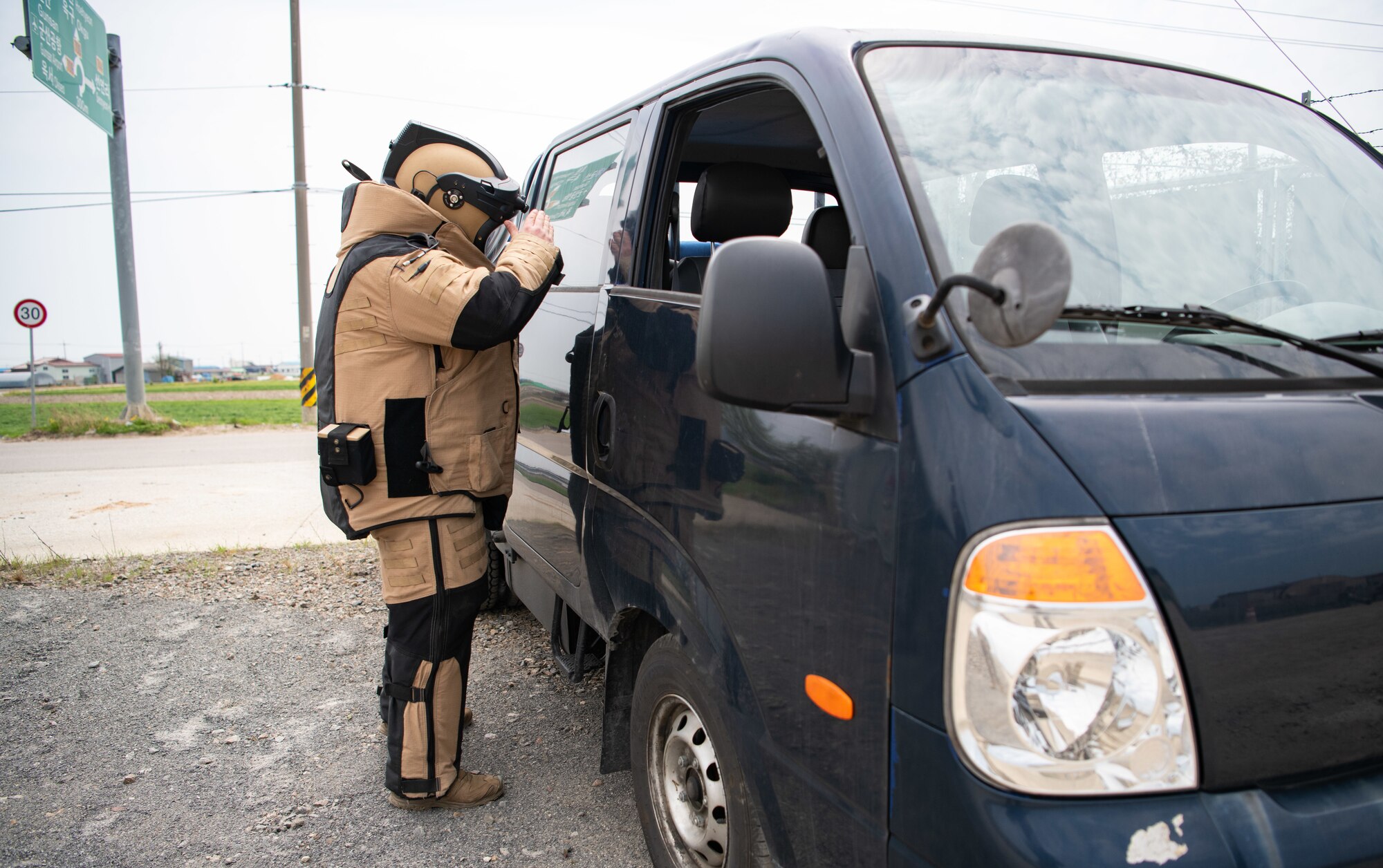 8th Civil Engineer Squadron Explosive Ordnance Disposal (EOD), responds to a vehicle with a suspected explosive during a training event at Kunsan Air Base, Republic of Korea, April 22, 2022.