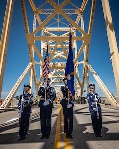 Members of the Honor Guard from the Kentucky Air National Guard’s 123rd Airlift Wing present the colors during the opening ceremony of the Thunder Over Louisville air show in downtown Louisville, Ky., April 23, 2022. This year’s event celebrated the 75th anniversary of the United States Air Force and featured more than 30 airplanes and helicopters. The Kentucky Air Guard served as the base of operations for military aircraft participating in the show. (U.S. Air National Guard photo by Dale Greer)