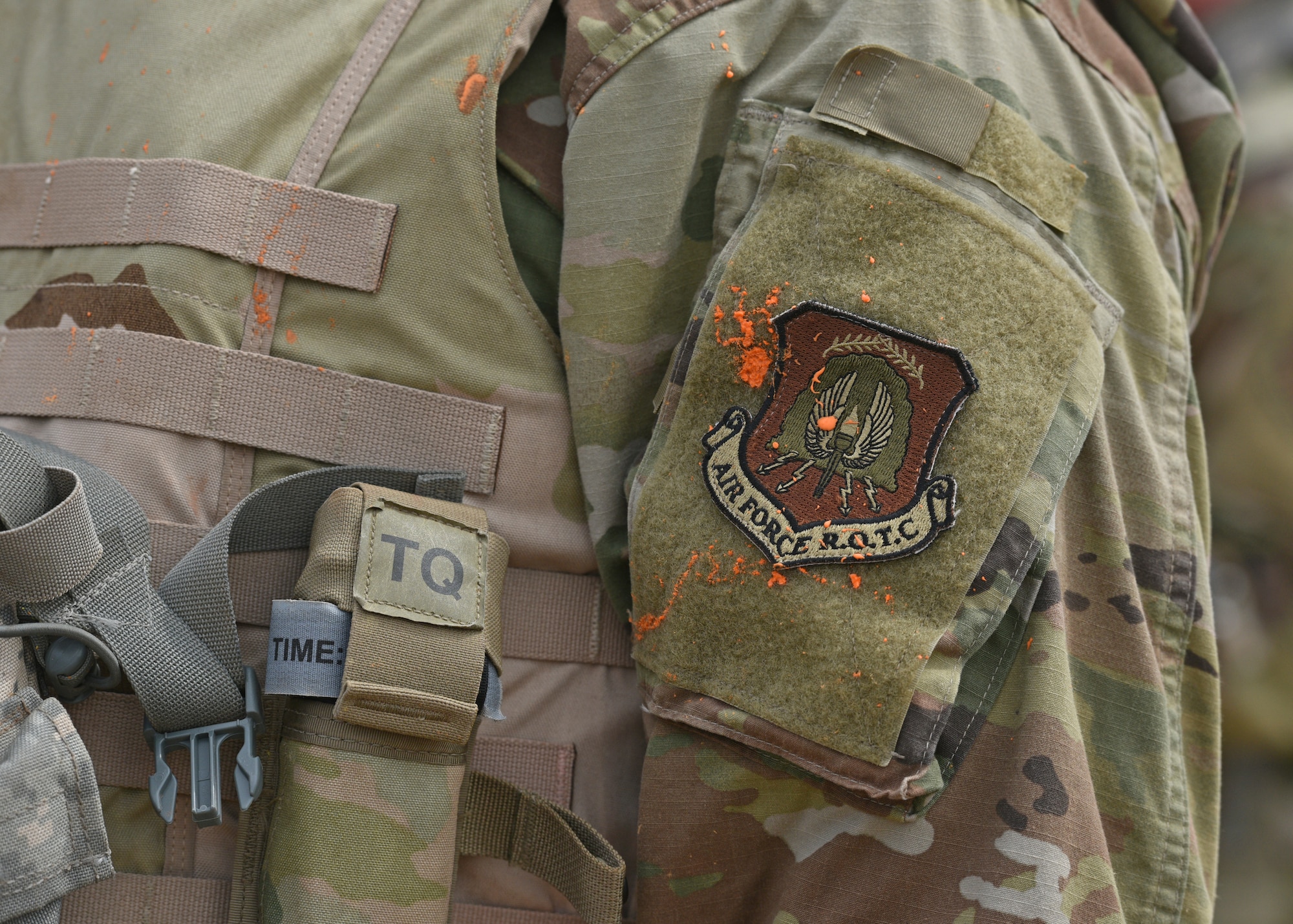 An Air Force ROTC patch on display during the Angelo State University Reserve Officers’ Training Corps field training exercise at Goodfellow Air Force Base, Texas, April 22, 2022. The partnership between Angelo State University and Goodfellow has helped to create an FTX where both the base and school benefit from the training. (U.S. Air Force photo by Senior Airman Ashley Thrash)