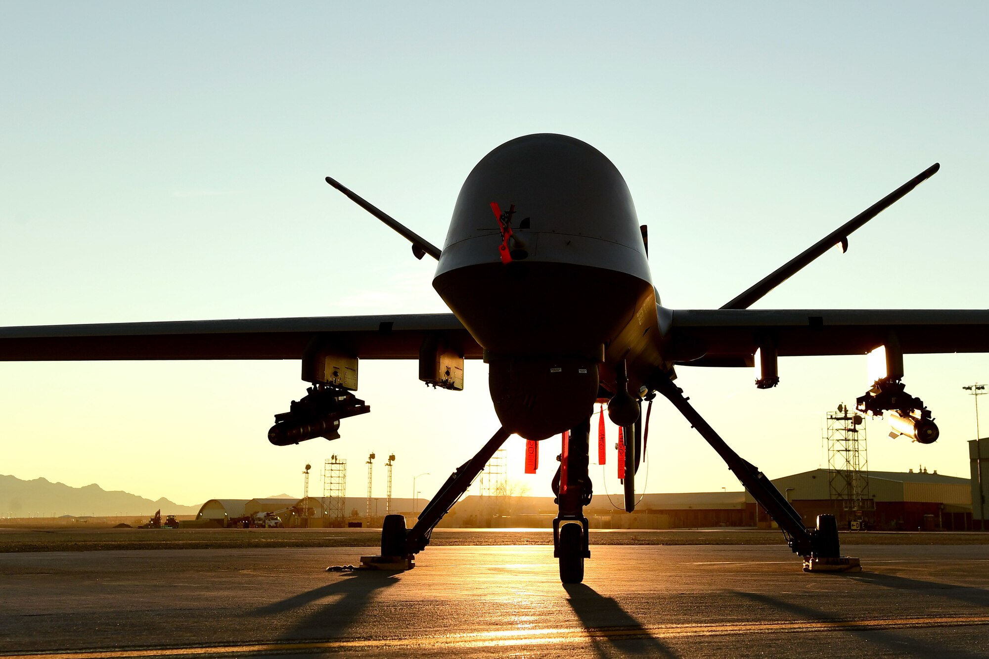 An MQ-9 Reaper sits on the flight line at Creech Air Force Base.