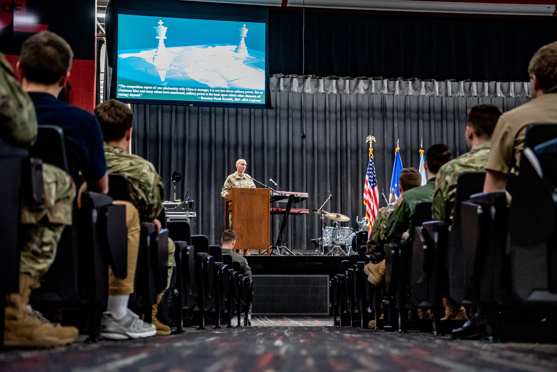 U.S. Air Force Gen. David W. Allvin, Vice Chief of Staff of the Air Force, speaks to ROTC cadets at the University of Louisville in Louisville, Ky., April 22, 2022. Allvin was in town for the Thunder Over Louisville air show, which celebrated the 75th anniversary of the United States Air Force. The Kentucky Air Guard served as the base of operations for military aircraft participating in the event. (U.S. Air National Guard photo by Tech. Sgt. Joshua Horton)