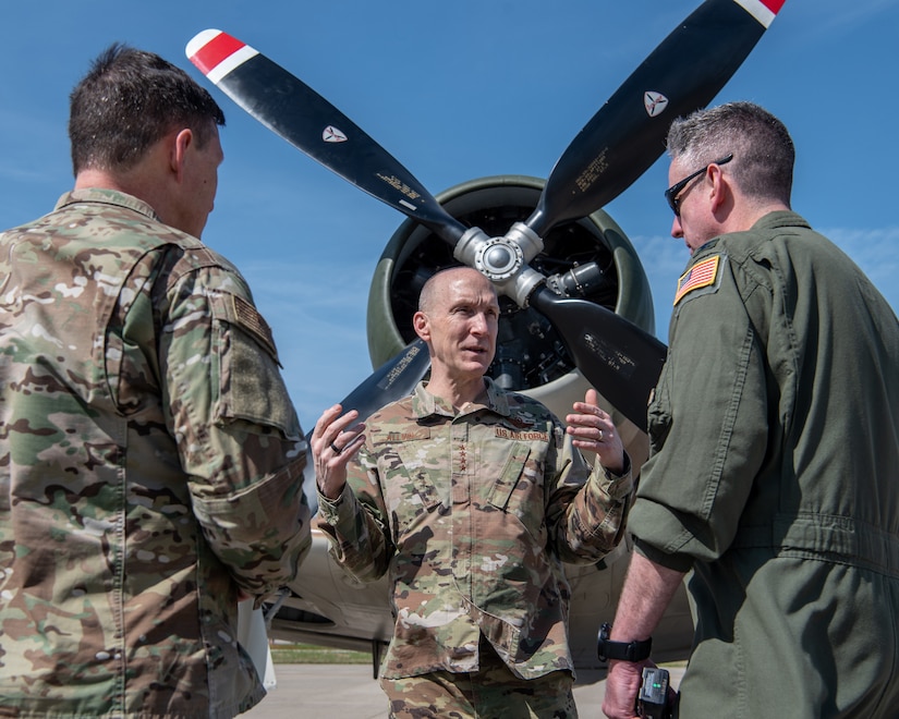 U.S. Air Force Gen. David W. Allvin, Vice Chief of Staff of the Air Force, tours a static display of aircraft the Kentucky Air National Guard Base in Louisville, Ky., April 23, 2022. Allvin was in town for the Thunder Over Louisville air show, which celebrated the 75th anniversary of the United States Air Force. The Kentucky Air Guard served as the base of operations for military aircraft participating in the event. (U.S. Air National Guard photo by Tech. Sgt. Joshua Horton)