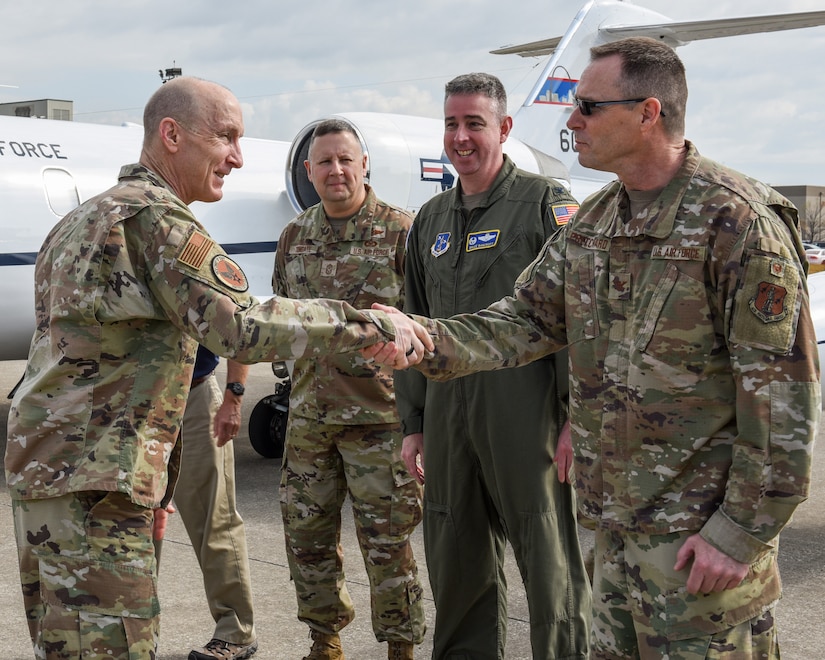 U.S. Air Force Gen. David W. Allvin, left, Vice Chief of Staff of the Air Force, greets U.S. Air Force Col. Patrick Pritchard, vice commander of the 123rd Airlift Wing, after arriving at the Kentucky Air National Guard Base in Louisville, Ky., April 22, 2022. Allvin was in town as the guest of honor for this year’s Thunder Over Louisville air show, which celebrated the 75th anniversary of the United States Air Force. (U.S. Air National Guard photo by Senior Airman Madison Beichler)