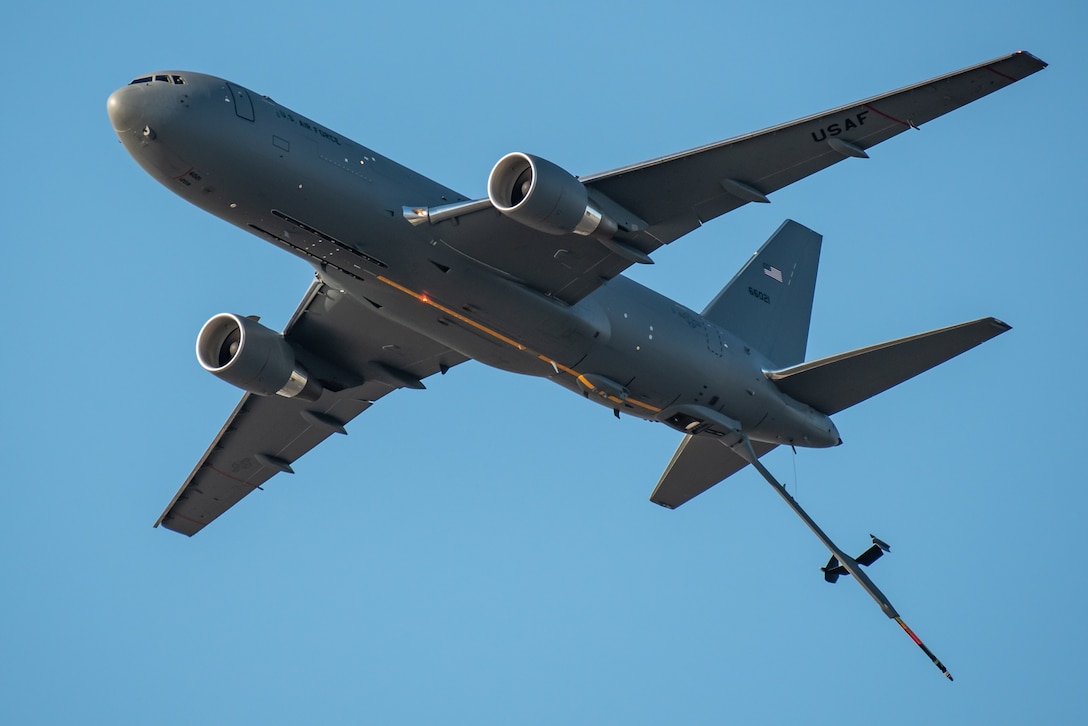 A U.S. Air Force KC-46 Pegasus from the 305th Air Mobility Wing at Joint Base McGuire-Dix-Lakehurst, N.J., performs an aerial demonstration over the Ohio River in downtown Louisville, Ky., April 23, 2022 as part of the Thunder Over Louisville air show. This year’s event celebrated the 75th anniversary of the United States Air Force. (U.S. Air National Guard photo by Dale Greer)