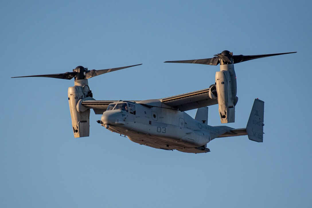A U.S. Marine Corps CV-22 Osprey Marine Tilt Rotor Squadron 204 in New River, N.C., performs an aerial demonstration over the Ohio River in downtown Louisville, Ky., April 23, 2022 as part of the Thunder Over Louisville air show. This year’s event celebrated the 75th anniversary of the United States Air Force. (U.S. Air National Guard photo by Dale Greer)