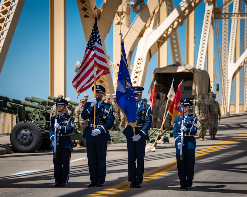 Members of the Honor Guard from the Kentucky Air National Guard’s 123rd Airlift Wing present the colors during the opening ceremony of the Thunder Over Louisville air show in downtown Louisville, Ky., April 23, 2022. This year’s event celebrated the 75th anniversary of the United States Air Force and featured more than 30 airplanes and helicopters. The Kentucky Air Guard served as the base of operations for military aircraft participating in the show. (U.S. Air National Guard photo by Dale Greer)