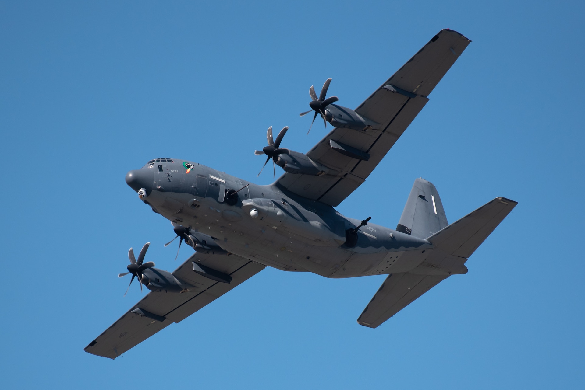 A U.S. Air Force AC-130J Ghostrider gunship from the 1st Special Operations Wing at Hurlburt Field, Fla., performs an aerial demonstration over the Ohio River in downtown Louisville, Ky., April 23, 2022 as part of the Thunder Over Louisville air show. This year’s event celebrated the 75th anniversary of the United States Air Force. (U.S. Air National Guard photo by Dale Greer)