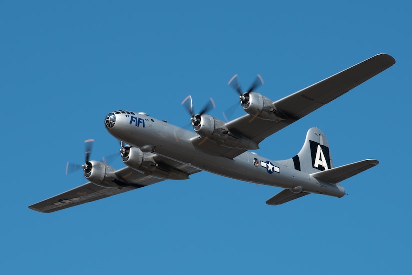 A B-29 Superfortress from the Commemorative Air Force performs an aerial demonstration over the Ohio River in downtown Louisville, Ky., April 23, 2022 as part of the Thunder Over Louisville air show. This year’s event celebrated the 75th anniversary of the United States Air Force. (U.S. Air National Guard photo by Dale Greer)