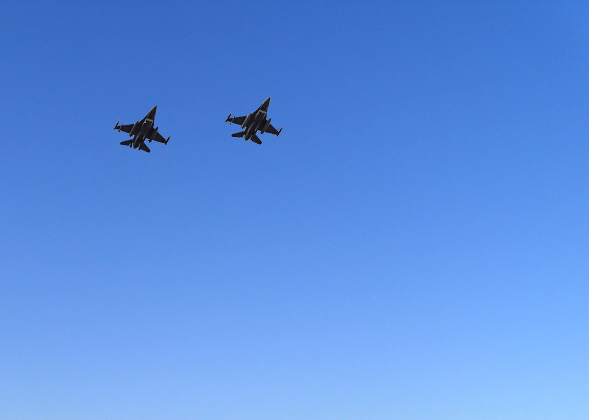 Two F-16 Fighting Falcon aircraft from the 301st Fighter Wing’s 457th Fighter Squadron, Naval Air Station Joint Reserve Base Fort Worth, Texas, soared over the U.S. Air Force Academy to honor the legacy of William “Bill” Aaron Gauntt (U.S. Air Force, Lt. Col., ret.), Monday, April 18. The 301 FW is the Air Force Reserve Command’s only F-16 unit in the state of Texas. Their mission is to train and deploy combat-ready Airmen. (Courtesy Photo)