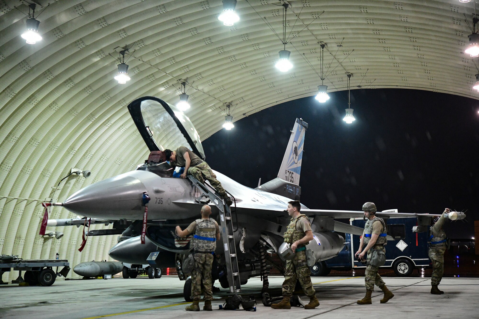 Thunderstorm rain falls over aircraft flows during routine training at Kunsan Air Base, Republic of Korea, April 25, 2022.
