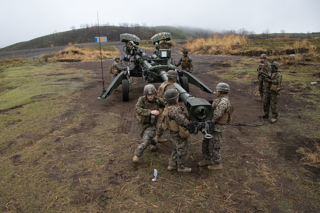 U.S. Marines assigned to 3d Battalion, 12th Marines, 3d Marine Division, position an M777 towed 155 mm howitzer during Artillery Relocation Training Program 22.1 at the Japan Ground Self-Defense Force Hijudai Training Area, Japan, April 14, 2022. ARTP is an exercise which contributes to the defense of Japan and the U.S.-Japan Alliance as the cornerstone of peace and security in the Indo-Pacific region. The skills developed at ARTP increase the lethality and proficiency of the only permanently forward-deployed artillery unit in the Marine Corps, enabling them to provide precision indirect fires. (U.S. Marine Corps photo by Sgt. Jennifer Andrade)