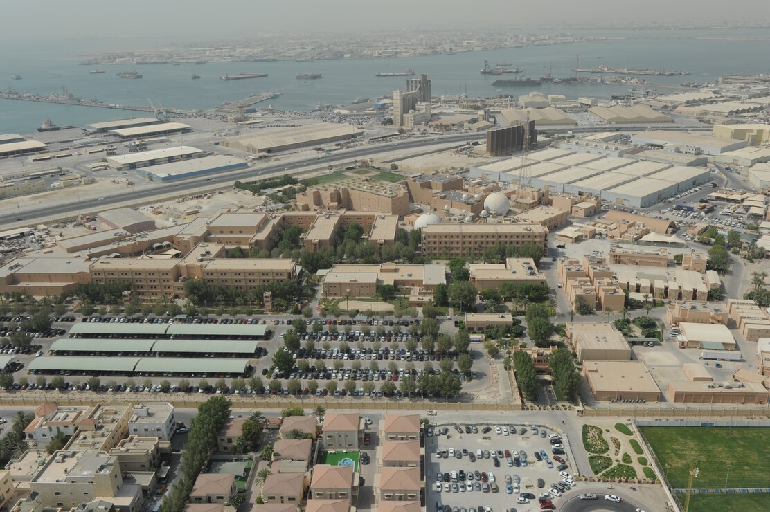 Aerial footage from HSC-24 SH-60 Sea Knight helicopter.  Aerial footage of NSA Bahrain to include NAVCENT HQ building, base softball field, AFN station and entire base with the city of Manama skyline in the background.