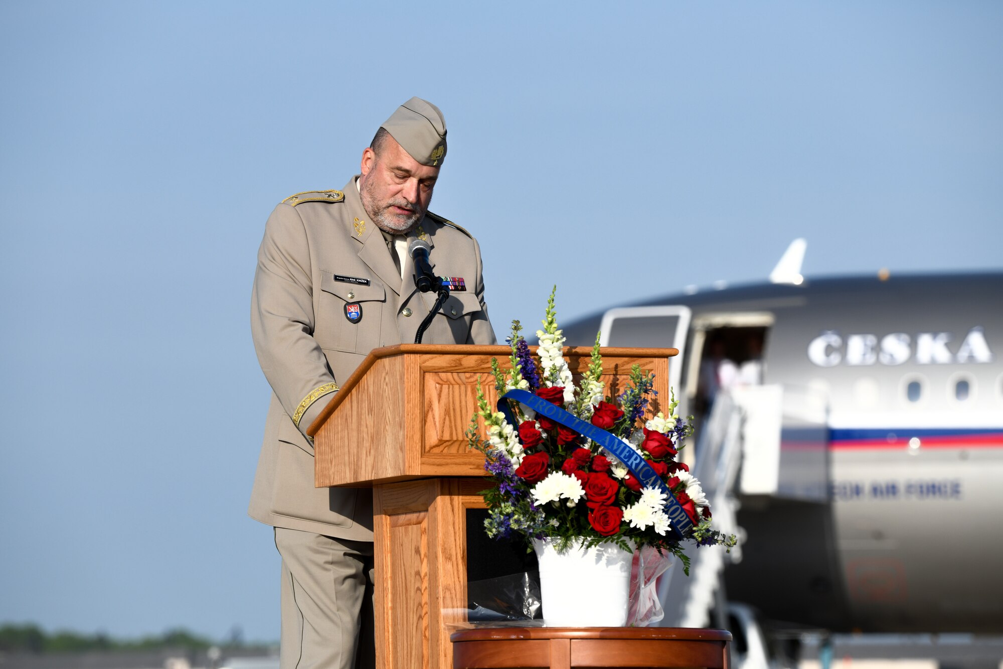 Brigadier Gen. Ales Knizek, head of the Czech Republic Military History Institute, speaks about the importance of the dignified transfer of  Brigadier Gen. František Moravec at Joint Base Andrews, Md., April 25, 2022.