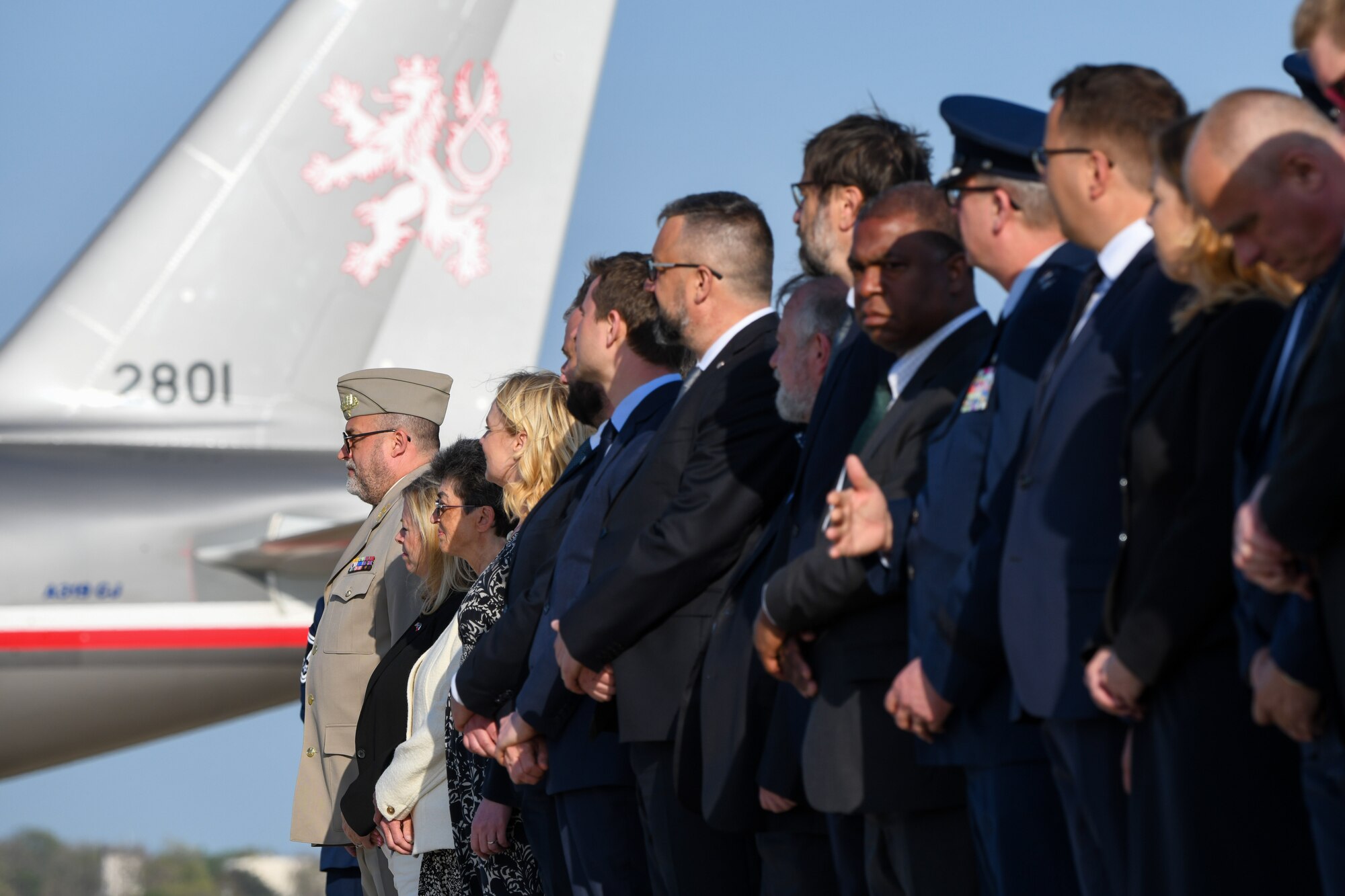 Distinguished guests listen to Lt. Col. Micheal Zgoda, U.S. Air Force attaché to the Czech Republic, as he makes opening remarks during the dignified transfer of  Brigadier Gen. František Moravec at Joint Base Andrews, Md., April 25, 2022.