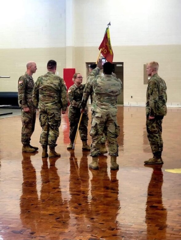 The unit guidon representing an historic exchange of command was handed off to Army Capt. Taylor Davies as she assumed command of Headquarters and Headquarters Battery, 1st Battalion, 623rd Field Artillery Brigade in a ceremony Mar. 27.