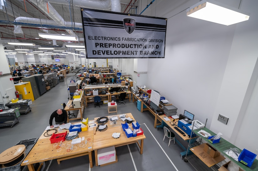 Photo of an overhead view of Tobyhanna's new prototyping shop, the Preproduction & Development Branch.