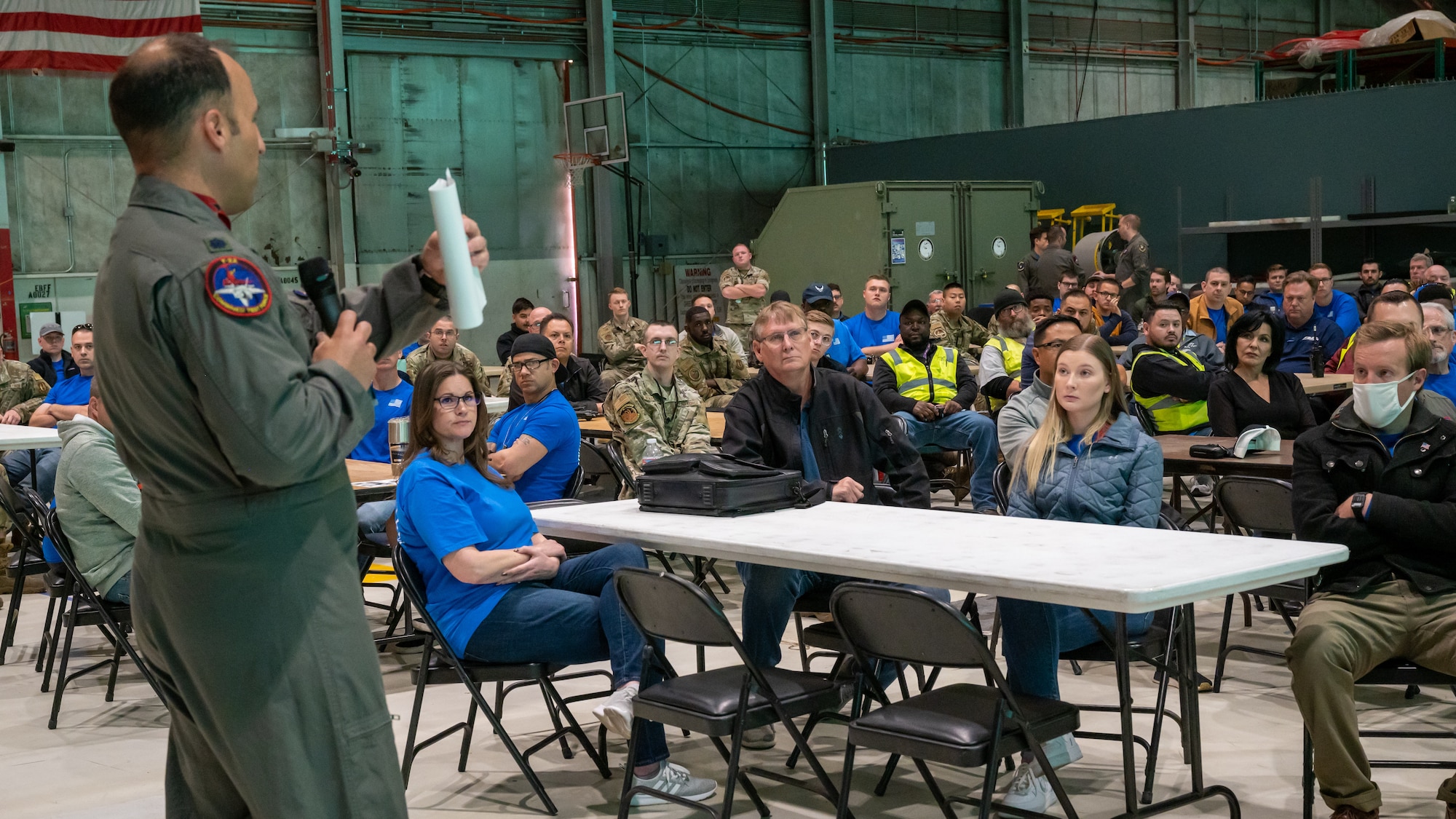 Lt. Col. David Schmitt, 411th Flight Test Squadron Commander, provides a historical brief on the significance of Air Dominance Day, April 15, at Edwards Air Force Base, California. (Air Force photo by Giancarlo Casem)