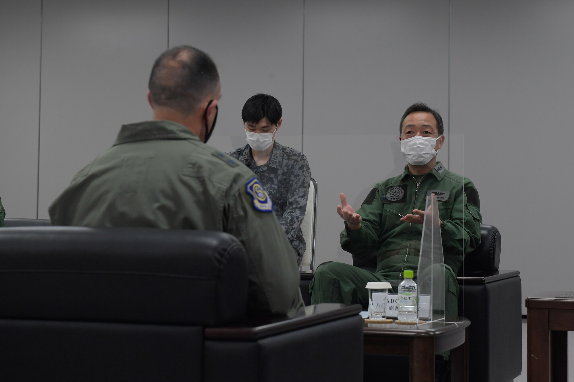 Japan Air Self-Defense Force (Koku-Jieitai) Lt. Gen. Hiroaki Uchikura, right, Air Defense Command commander, talks about the importance of the U.S.-Japan alliance to U.S. Air Force Maj. Gen. Leonard Kosinski, 5th Air Force deputy commander, during the 10th anniversary of JASDF relocation ceremony for the Air Defense Command at Yokota Air Base, Japan, April 20, 2022.