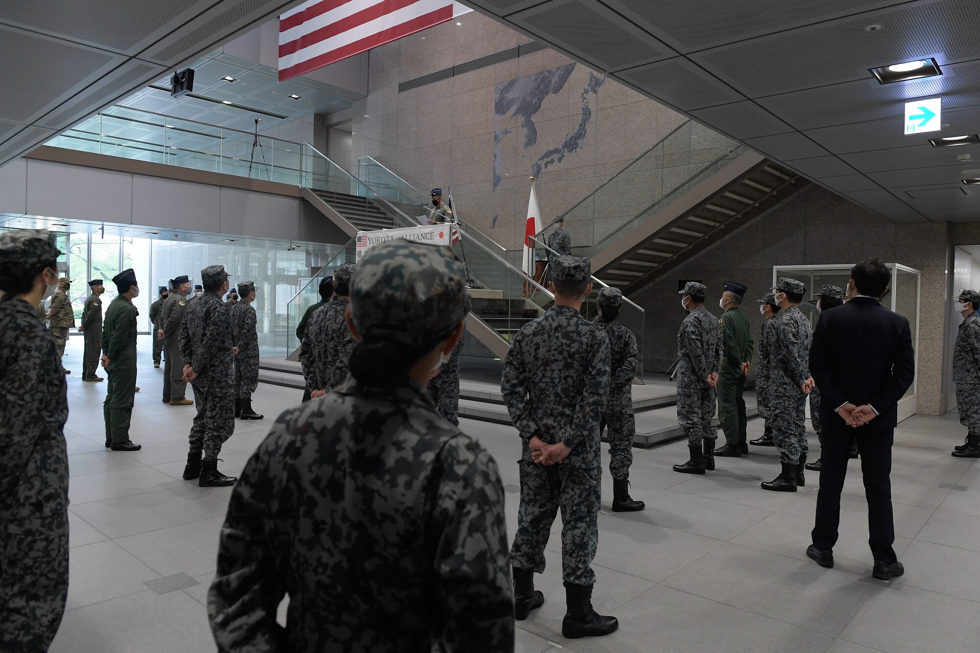 U.S. Air Force Maj. Gen. Leonard Kosinski, 5th Air Force deputy commander, speaks on the importance of the relocation of the Air Defense Command to Yokota Air Base, Japan, during the 10th anniversary of Japan Air Self-Defense Force (Koku-Jieitai) relocation ceremony for the Air Defense Command, April 20, 2022.