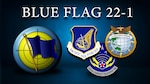 graphic of BLUE FLAG exercise with emblems of BLUE FLAG, INDOPACOM AND PACAF on a blue background.