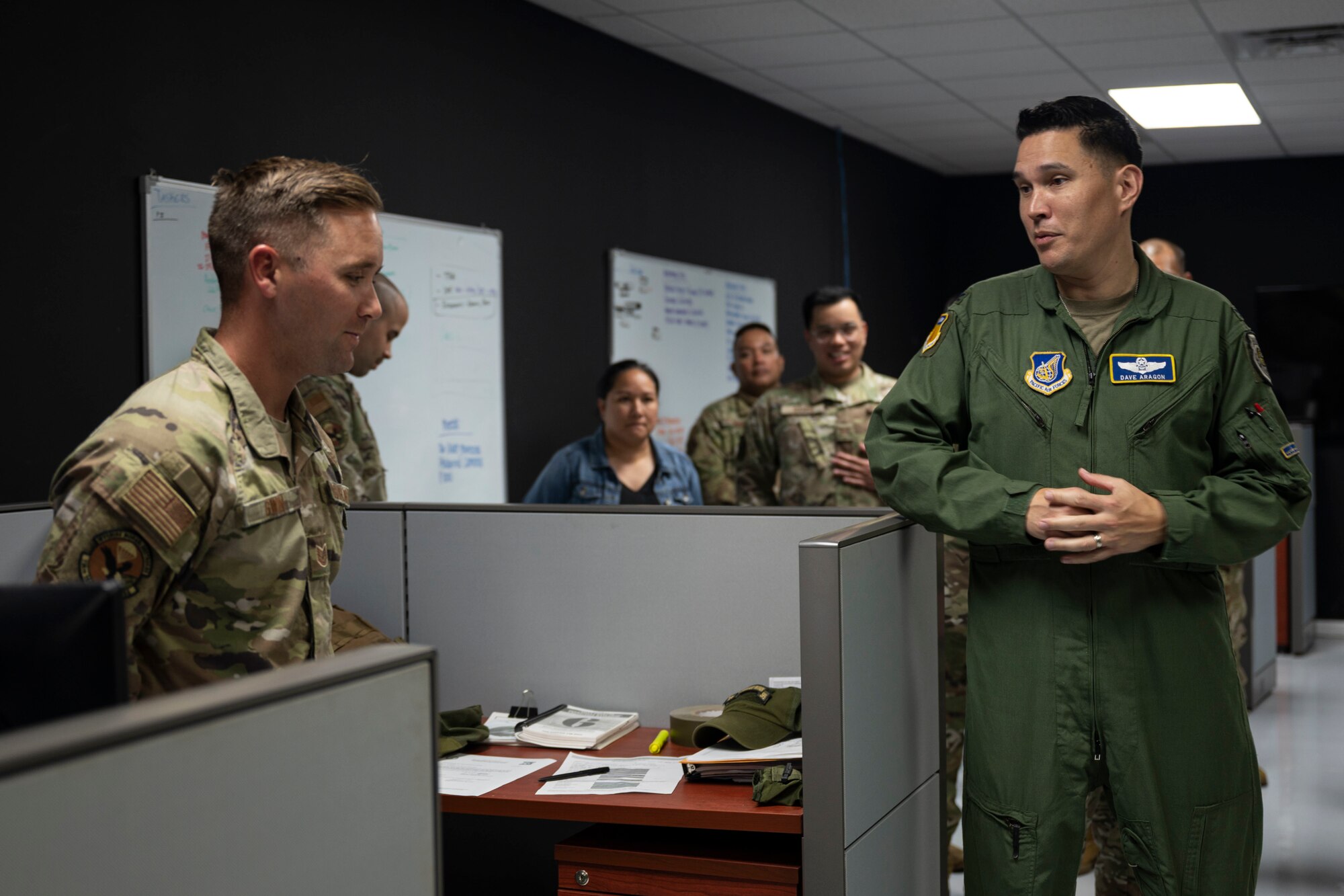 U.S. Air Force Col. David Aragon, 36th Wing vice commander, talks about the Linebacker of the Week award and why U.S. Air Force Tech. Sgt. David Gwin, a contingency response flight squad leader with the 736th Security Forces Squadron, is receiving the award at Andersen Air Force Base, Guam, April 20, 2022.