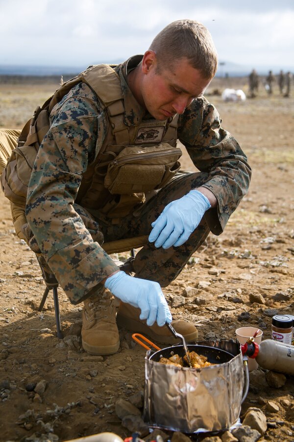 A U.S. Marine with 1st Battalion, 12th Marines, 3d Marine Division uses foraging techniques to cook a meal during Spartan Fury 22.1 at Pohakuloa Training Area, Hawaii, March 8, 2022. Individual Batteries procured local food and experimented with field cooking methods using lightweight, expeditionary equipment that is sustainable for long durations in austere environments.  Spartan Fury is a Battalion level training exercise designed to refine long-range communications through naval asset integration, mission processing from battalion to firing sections, and 21st Century Foraging. (U.S. Marine Corps photo by Staff Sgt. Olivia G. Knapp)