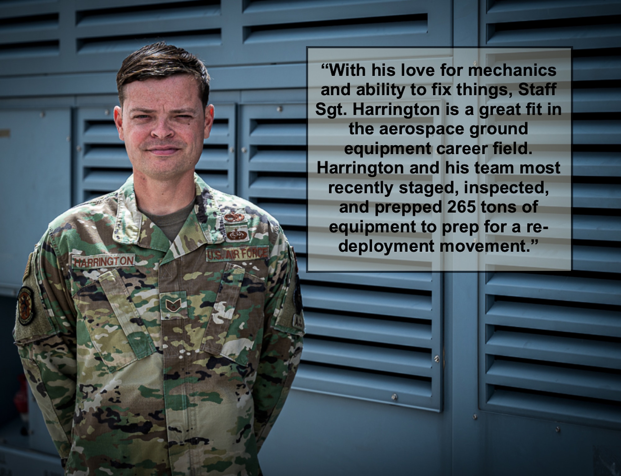 The 332d Air Expeditionary Wing's Warrior of the Week for the week of April 11, 2022, is Staff Sgt. Mackey Harrington, 332d Expeditionary Maintenance Squadron aerospace ground equipment craftsman, shift lead. (U.S. Air Force graphic by Master Sgt. Christopher Parr)
