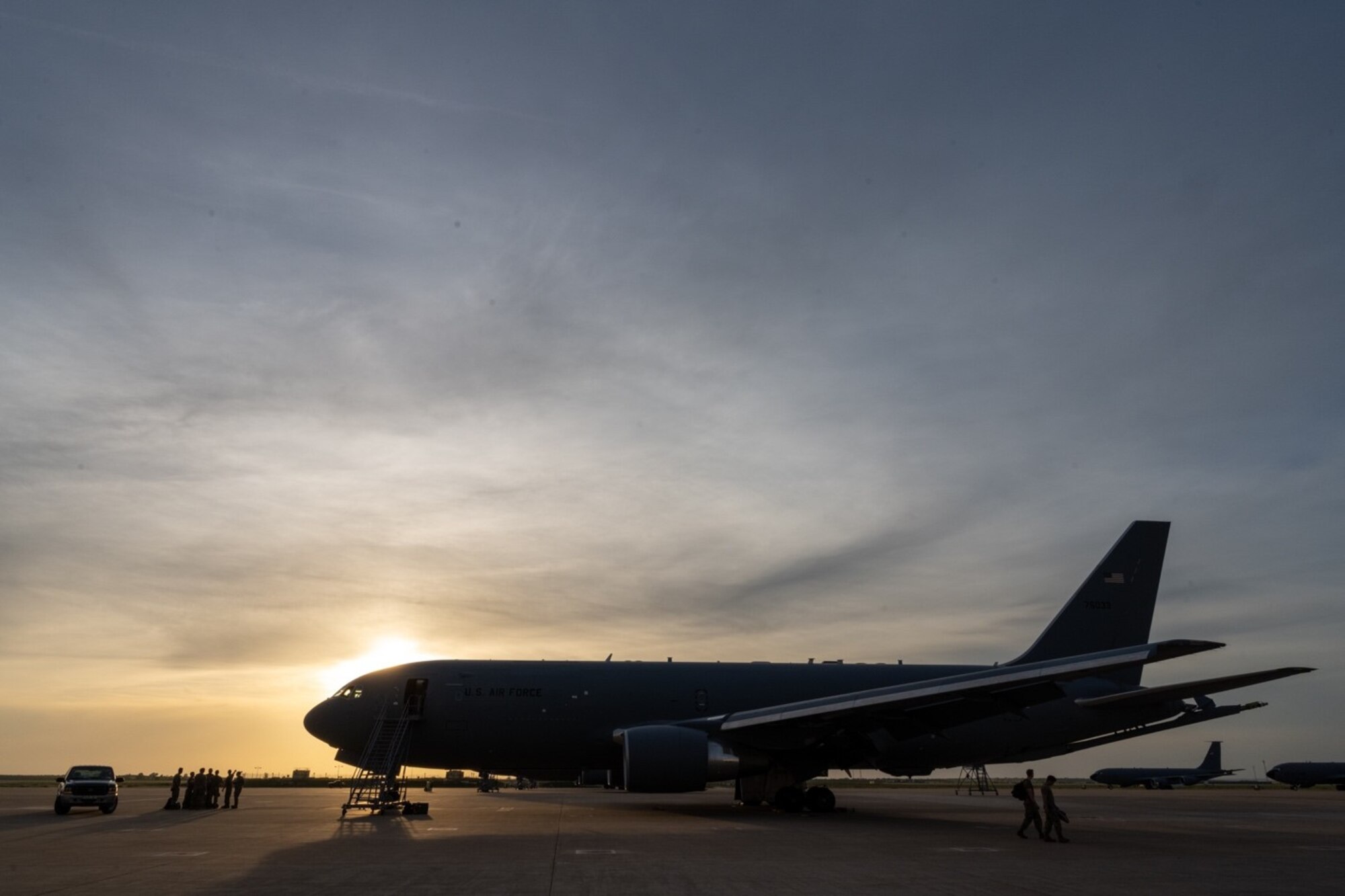 A KC-46A Pegasus, assigned to McConnell Air Force Base, Kansas, sits on the flightline at Morón Air Base, Spain, April 17, 2022. The aircraft is one of four participating in the first KC-46 Employment Concept Exercise, ECE 22-03. The exercise is part of Air Mobility Command’s strategy to employ the KC-46A for operational missions, prior to it reaching full operational capability. (U.S. Air Force photo by Staff Sgt. Nathan Eckert)