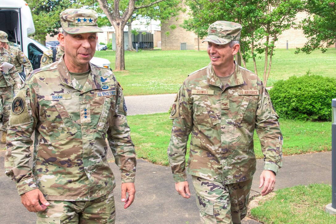 Lt. Gen. John Shaw, Deputy Commander, U.S. Space Command, is greeted upon his arrival at Air University by Col Robert J. Rowell, Vice Commandant, Air War College, April 25, 2022. While at Air University, Shaw spoke to members of AWC, Schriever Space Scholars and West Space Seminar on topics such as space’s role as a global integrator and in Integrated Deterrence, norms and behaviors for space, and changes to the space domain driven by competitors.