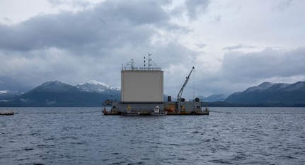 Suspension barges float in the Behm Canal near Ketchikan, Alaska, at the static site of Naval Surface Warfare Center, Carderock Division’s Southeast Alaska Acoustic Measurement Facility in April 2022.