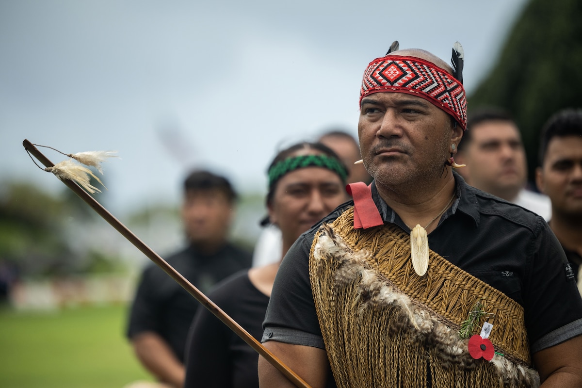 A group from the Polynesian Cultural Center perform the Haka in honor of Anzac, or Australian and New Zealand Army Corps, Day at the National Memorial Cemetery of the Pacific, Honolulu, Hawaii, April 25, 2022. The Haka is a ceremonial Māori war dance or challenge usually performed in a group and represent a display of a tribe's pride, strength and unity. (U.S. Air Force photo by Tech. Sgt. Hailey Haux)