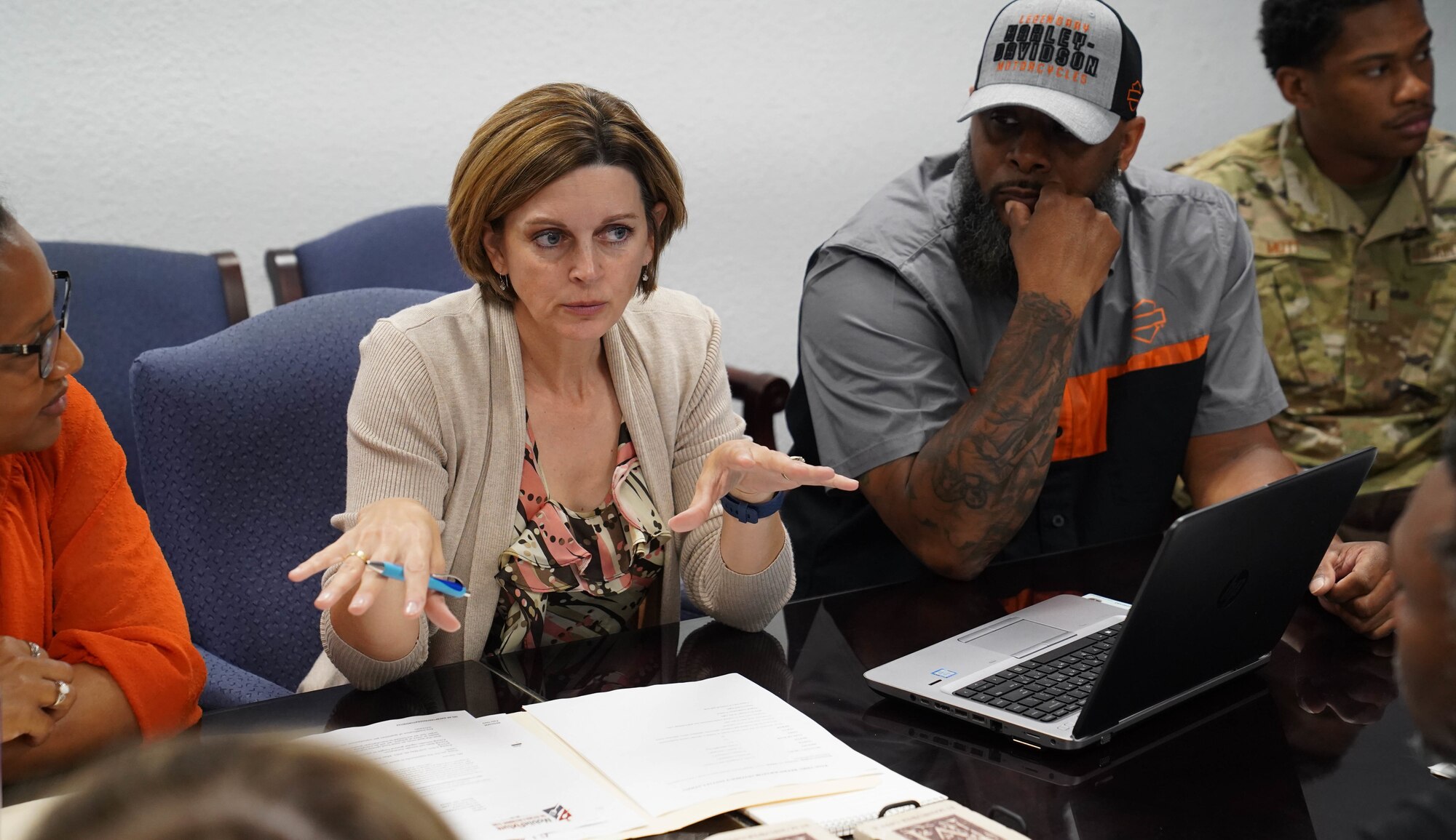 Kimberly Alvarez, 81st Contracting Squadron commodities section chief, discusses contract requirements with attendees of the 81st CONS roadshow at Keesler Air Force Base, Mississippi, April 20, 2022. Members of the 81st CONS created the roadshow to improve processes and address an information gap between their staff and Keesler’s various units. (U.S. Air Force photo by Airman 1st Class Elizabeth Davis)
