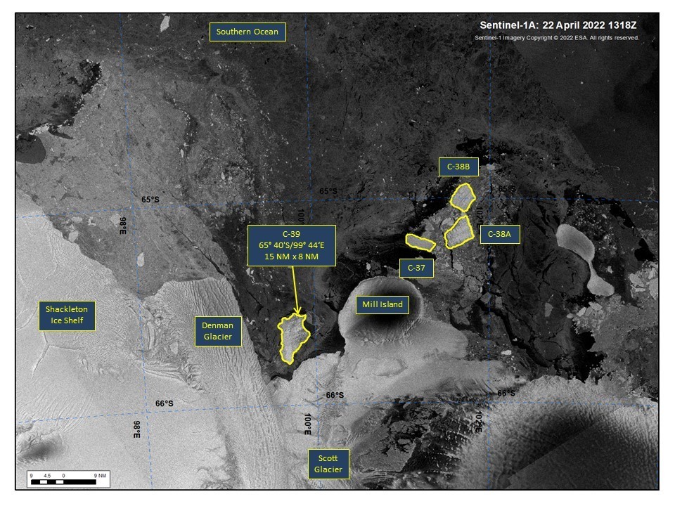 SUITLAND, MD — The U.S. National Ice Center (USNIC) has confirmed that iceberg C-39 (figure 1, below) has calved from the Scott Glacier area of the Shackleton Ice Shelf in the Wilkes Land Region of Antarctica. As of April 22, C-39 was centered at 65° 40' South and 99° 44' East and measured 15 nautical miles on its longest axis and 8 nautical miles on its widest axis. 

The new iceberg was first spotted by Jan Lieser from the Australian Bureau of Meteorology, and confirmed by USNIC Analyst Christopher Readinger using the Sentinel-1A image below.