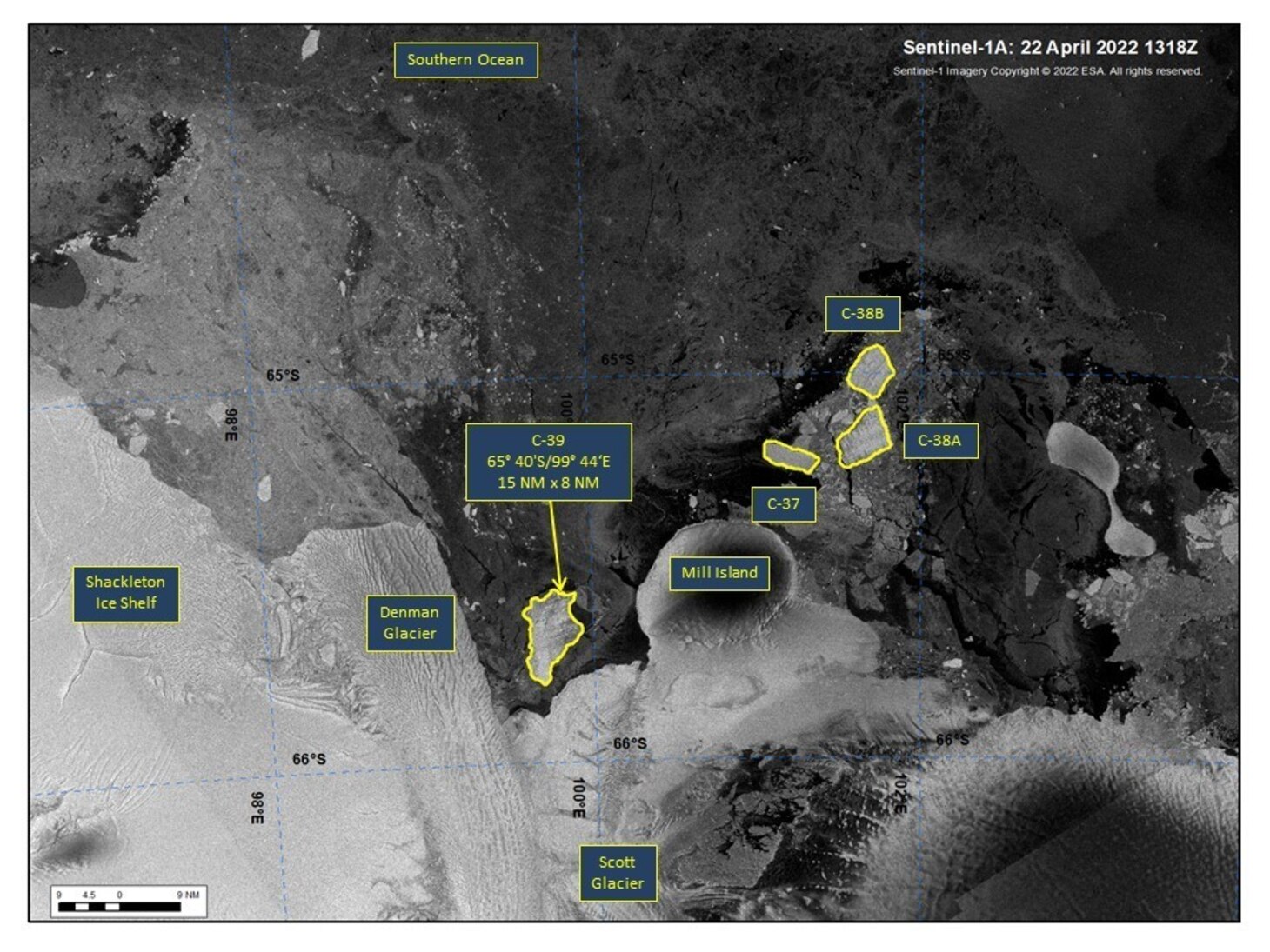 SUITLAND, MD — The U.S. National Ice Center (USNIC) has confirmed that iceberg C-39 (figure 1, below) has calved from the Scott Glacier area of the Shackleton Ice Shelf in the Wilkes Land Region of Antarctica. As of April 22, C-39 was centered at 65° 40' South and 99° 44' East and measured 15 nautical miles on its longest axis and 8 nautical miles on its widest axis. 

The new iceberg was first spotted by Jan Lieser from the Australian Bureau of Meteorology, and confirmed by USNIC Analyst Christopher Readinger using the Sentinel-1A image below.