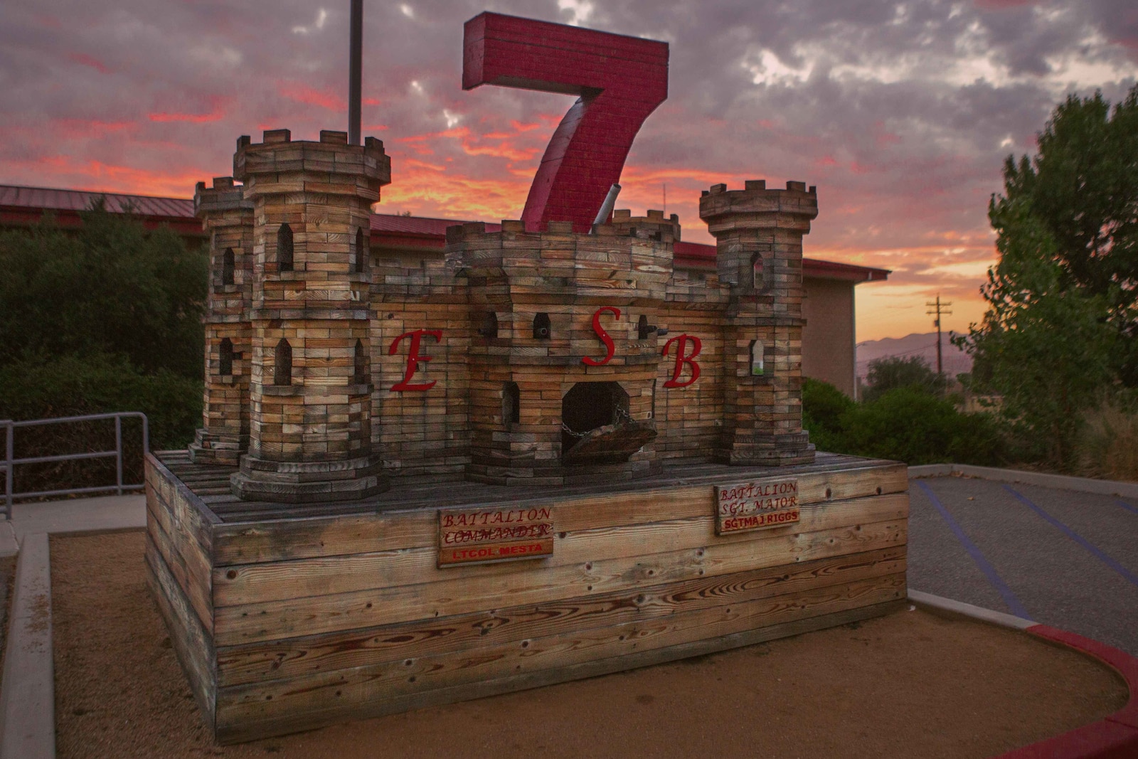 The 7th Engineer Support Battalion castle stands tall as the sun sets