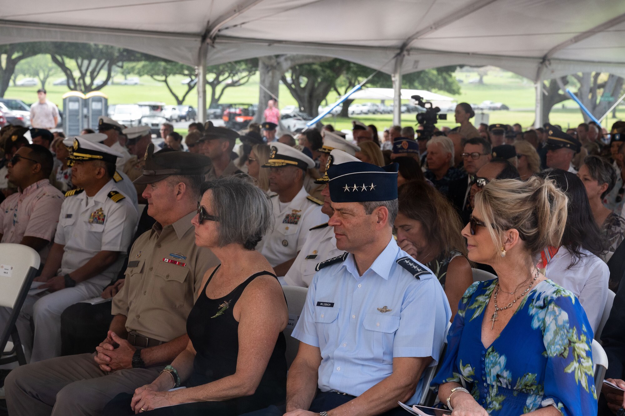 U.S. Air Force Gen. Ken Wilsbach, Pacific Air Forces commander, and Cindy Wilsbach, First Lady of PACAF, attend Anzac, or Australian and New Zealand Army Corps, Day ceremony at the National Memorial Cemetery of the Pacific, Honolulu, Hawaii, April 25, 2022. Each year on Anzac Day, Australians and New Zealanders mark the anniversary of the Gallipoli landings of April 25, 1915, during World War I. (U.S. Air Force photo by Tech. Sgt. Hailey Haux)