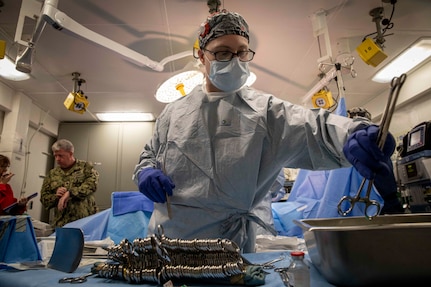 220412-N-SY758-1098 ATLANTIC OCEAN (April 12, 2022) Hospital Corpsman 2nd Class Jesse Jolley, assigned to USS George H.W. Bush (CVN 77), inventories medical tools for a simulated appendectomy surgery during a mentor, train, and evaluate evolution (MTE), April 12, 2022. The MTE evolution is designed to evaluate and assess ship’s medical department. George H.W. Bush provides the national command authority flexible, tailorable war fighting capability through the carrier strike group that maintains maritime stability and security in order to ensure access, deter aggression and defend U.S., allied and partner interests. (U.S. Navy photo by Mass Communication Specialist 3rd Class Brandon Roberson)