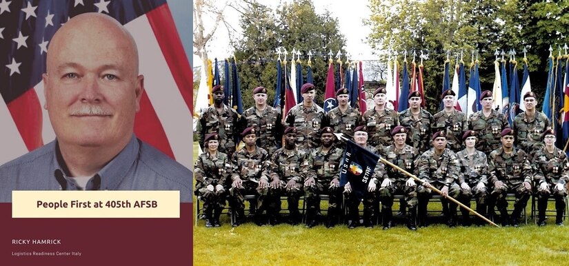 Then 1st Sgt. Ricky Hamrick, the first sergeant for Southern European Task Force U.S. Army Reserve Augmentation (first row directly behind the guidon) poses for a photo with some of his Soldiers. Hamrick served 27 years in the active Army, Alabama National Guard and Army Reserve. He retired at the rank of sergeant major. He also has served 35 years as an Army civilian employee, starting out as a cook at the on-post club in Vicenza, Italy, in 1987. Much of his service was consecutive, as a Reserve Soldier and an Army civilian. (U.S. Army courtesy photo)